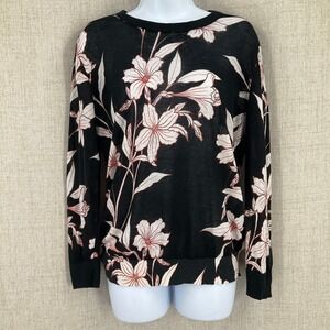 Lauren Ralph‎ Lauren Knit Top Womens L Black Cotton Linen Floral Lily Print Airy